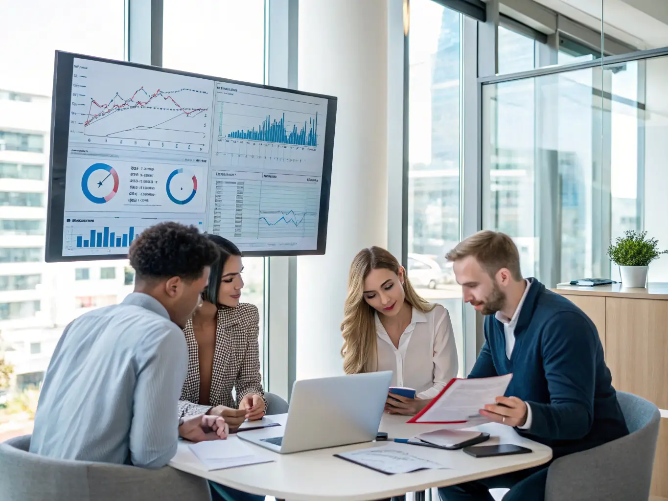 An image of a diverse team of financial analysts collaborating in a modern office, reviewing charts and graphs on a large interactive display, symbolizing strategic financial planning.
