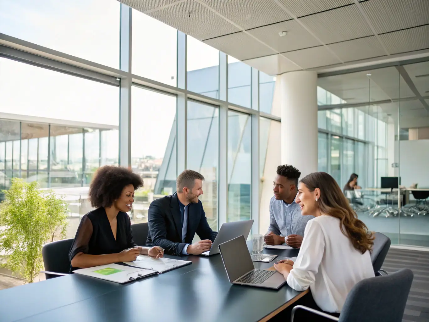 A diverse team collaborating on investment strategies in a high-tech office, showcasing innovation and teamwork in financial management.