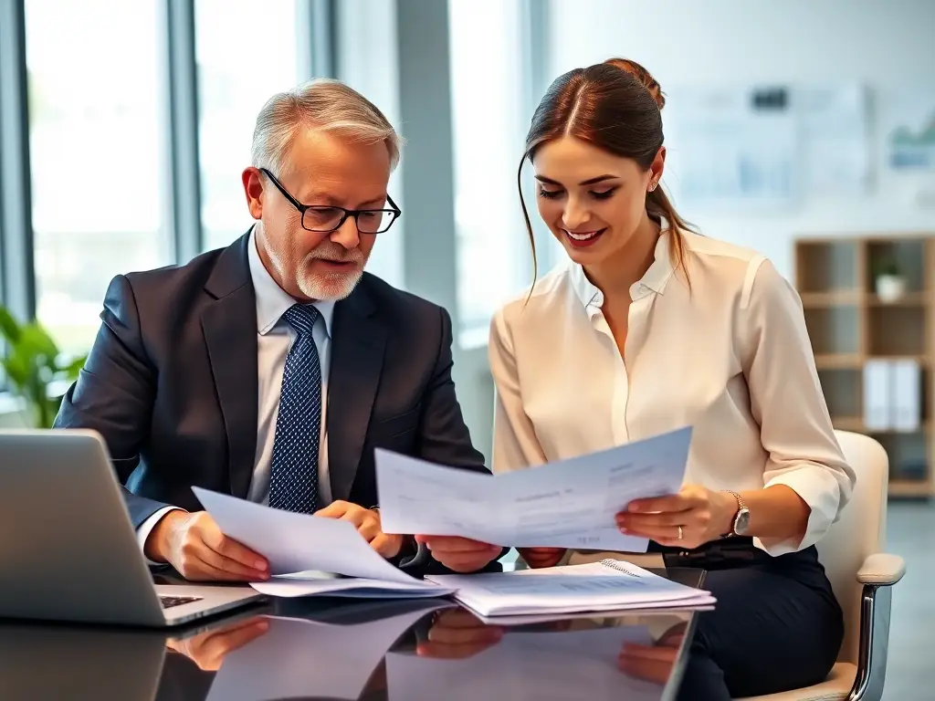 A professional consultant in a modern office setting, reviewing financial documents with a client, emphasizing strategic planning and personalized service.